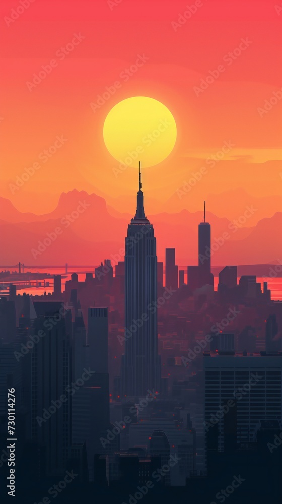 New York city sunset flat design poster, cityscape NY state illustration. US travel front cover, brochure, flyer, leaflet, presentation template, layout image, vertical