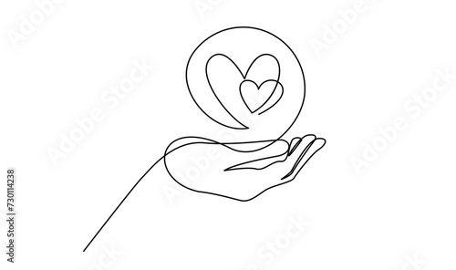 Continuous one line drawing hand holding heart. Charity donation linear symbol template 