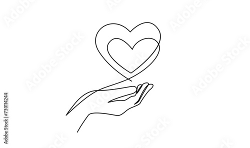 Continuous one line drawing hand holding heart. Charity donation linear symbol template 