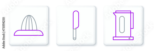Set line Kettle with handle, Citrus fruit juicer and Knife icon. Vector