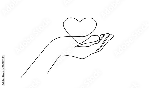 Continuous one line drawing hand holding heart. Charity donation linear symbol template 