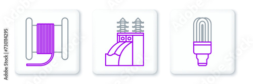 Set line LED light bulb, Wire electric cable on a reel or drum and Nuclear power plant icon. Vector