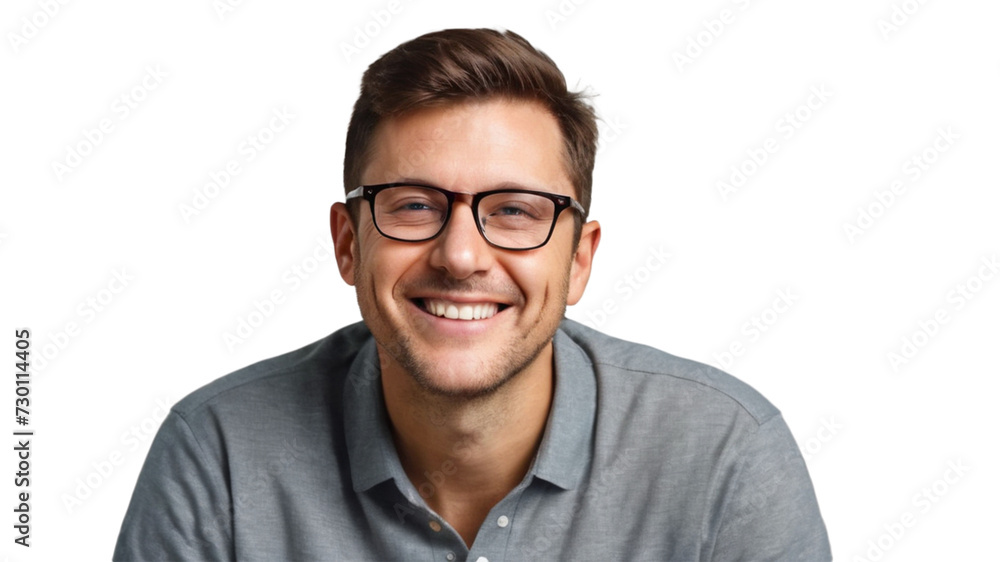 Portrait of a man with glasses. A young handsome man with a beard wearing a casual sweater and glasses. Happy face smiling with crossed arms looking at the camera. Positive person with PNG file.