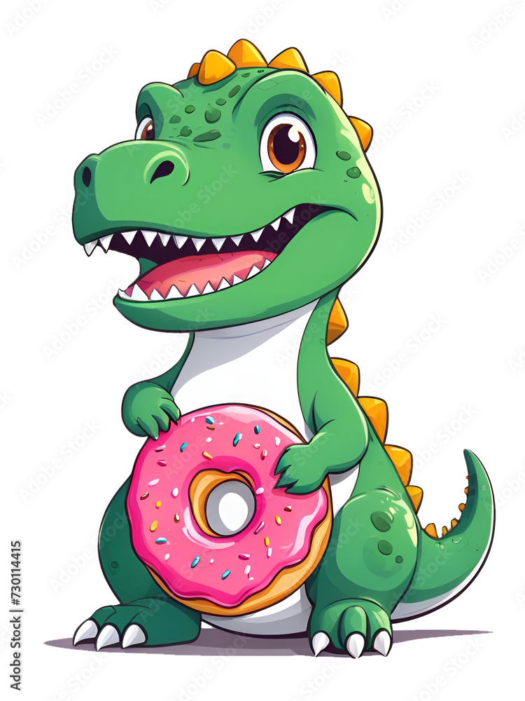 Fototapeta premium Мультяшный милый динозавр с пончиком Cartoon cute dinosaur with a donut