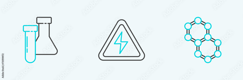 Set line Molecule, Test tube and flask chemical and High voltage sign icon. Vector Set line Molecule, Test tube and flask chemical and High voltage sign icon. Vector