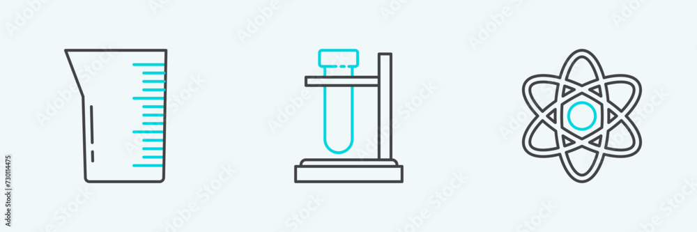 Set line Atom, Laboratory glassware or beaker and Test tube flask on stand icon. Vector Set line Atom, Laboratory glassware or beaker and Test tube flask on stand icon. Vector