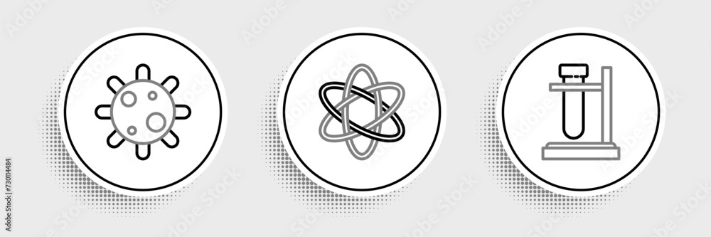 Set line Test tube flask on stand, Bacteria and Atom icon. Vector Set line Test tube flask on stand, Bacteria and Atom icon. Vector