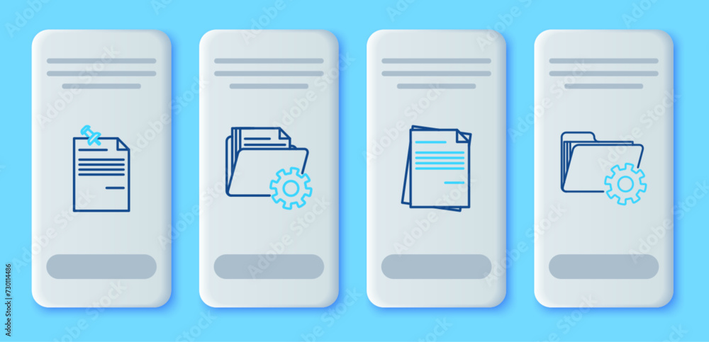 Set line Folder settings with gears, File document, Note paper pinned pushbutton and icon. Vector Set line Folder settings with gears, File document, Note paper pinned pushbutton and icon. Vector