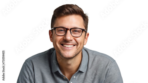 Portrait of a man with glasses. A young handsome man with a beard wearing a casual sweater and glasses. Happy face smiling with crossed arms looking at the camera. Positive person with PNG file. © Love AI