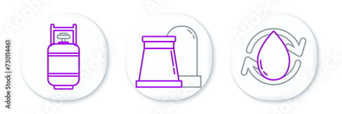 Set line Oil drop, Propane gas tank and and industrial factory building icon. Vector