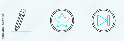 Set line Fast forward, Pencil with eraser and Star icon. Vector