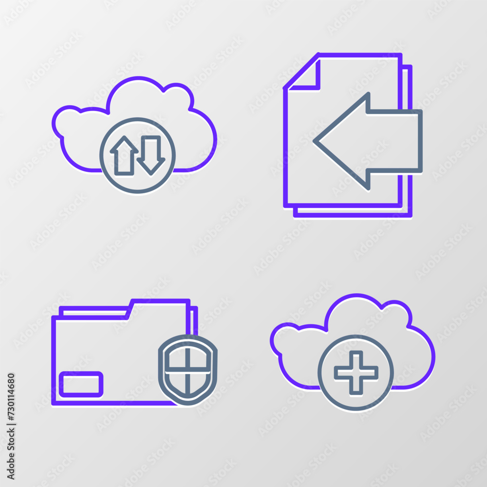 Set line Add cloud, Document folder protection, Next page arrow and Cloud download and upload icon. Vector Set line Add cloud, Document folder protection, Next page arrow and Cloud download and upload icon. Vector