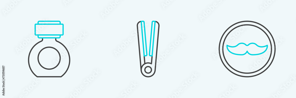 Set line Mustache, Aftershave and Curling iron for hair icon. Vector Set line Mustache, Aftershave and Curling iron for hair icon. Vector