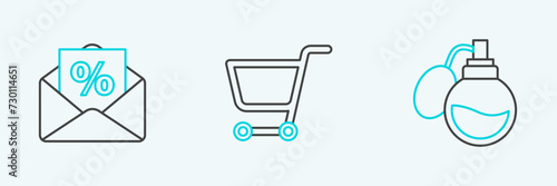 Set line Perfume, Envelope with an interest discount and Shopping cart icon. Vector