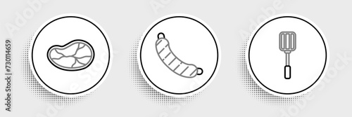 Set line Spatula, Steak meat and Sausage icon. Vector