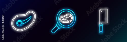 Set line Meat chopper, Steak meat and in frying pan icon. Glowing neon. Vector