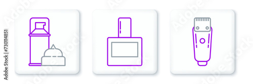 Set line Electrical hair clipper or shaver, Shaving gel foam and Aftershave icon. Vector
