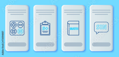 Set line Test or exam sheet, Book with word mathematics, Calculator and Mathematics function sine icon. Vector