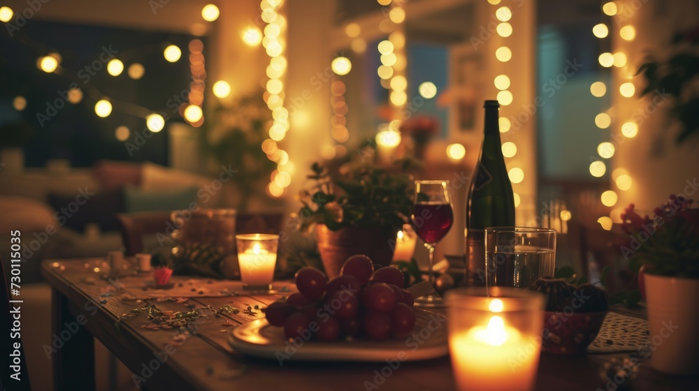 A cozy indoor birthday celebration with warm lighting and homemade decorations