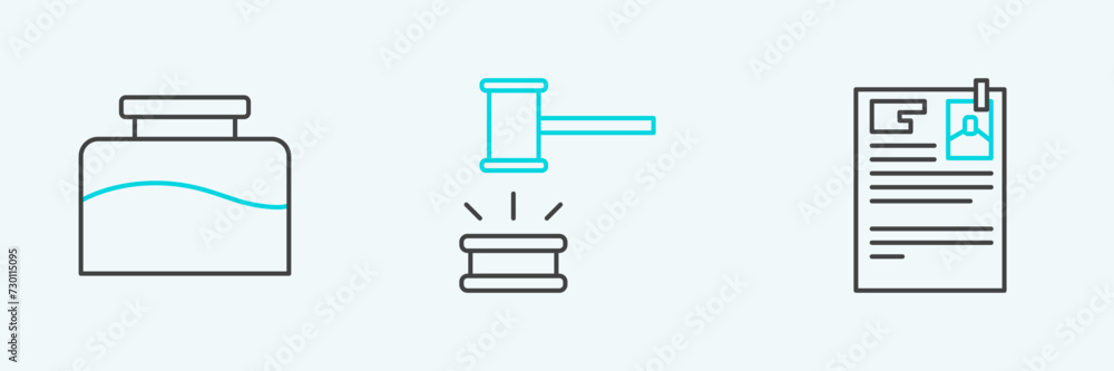 Set line Lawsuit paper, Inkwell and Judge gavel icon. Vector Set line Lawsuit paper, Inkwell and Judge gavel icon. Vector