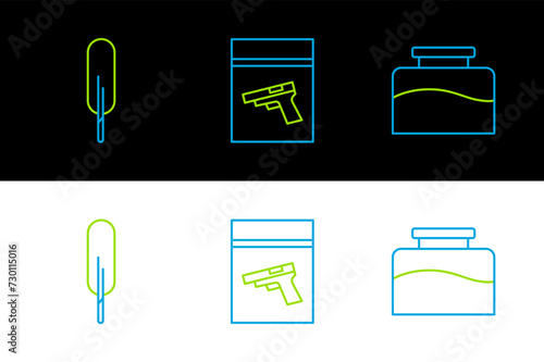 Set line Inkwell, Feather pen and Evidence bag and pistol or gun icon. Vector