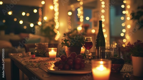 A cozy indoor birthday celebration with warm lighting and homemade decorations