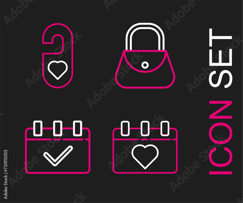 Set line Calendar with 8 March, Handbag and Please do not disturb heart icon. Vector