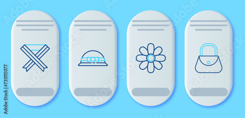 Set line Elegant women hat, Flower, Breast cancer awareness ribbon and Handbag icon. Vector