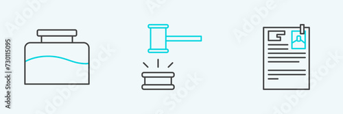 Set line Lawsuit paper, Inkwell and Judge gavel icon. Vector