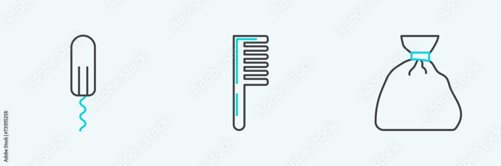 Set line Garbage bag, Sanitary tampon and Hairbrush icon. Vector Set line Garbage bag, Sanitary tampon and Hairbrush icon. Vector