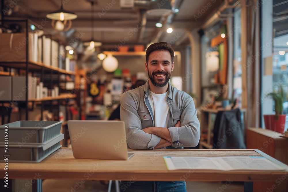 Fototapeta premium Happy Caucasian young male freelancer smiling while working in the laptop and seated in a charming place, vintage lighting interior, smiling boy wearing casual dress and looking at camera