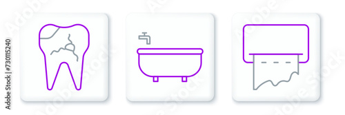 Set line Paper towel dispenser on wall, Broken tooth and Bathtub icon. Vector