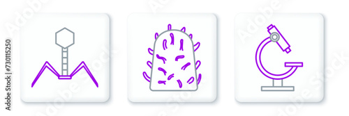 Set line Microscope, Bacteria bacteriophage and Rabies virus icon. Vector