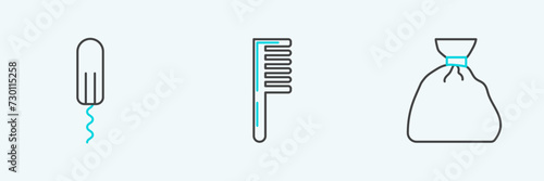 Set line Garbage bag, Sanitary tampon and Hairbrush icon. Vector