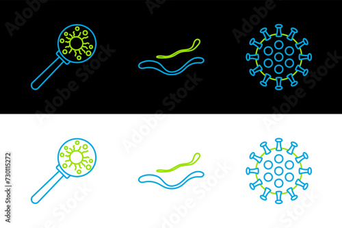 Set line Virus, under magnifying glass and Ebola virus disease icon. Vector