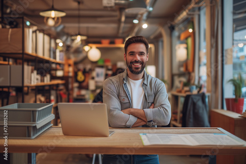 Happy Caucasian young male freelancer smiling while working in the laptop and seated in a charming place, vintage lighting interior, smiling boy wearing casual dress and looking at camera photo