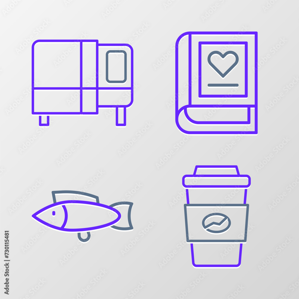 Set line Coffee cup to go, Fish, Medical book and Bed icon. Vector Set line Coffee cup to go, Fish, Medical book and Bed icon. Vector