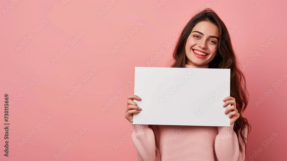 lady with expressing Gratitude and Thankfulness, holding hands paper, side white empty space poster proposing buy advert place, isolated on solid color background lady with expressing Gratitude and Thankfulness, holding hands paper, side white empty space poster proposing buy advert place, isolated on solid color background