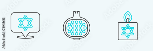 Set line Burning candle, Star of David and Pomegranate icon. Vector