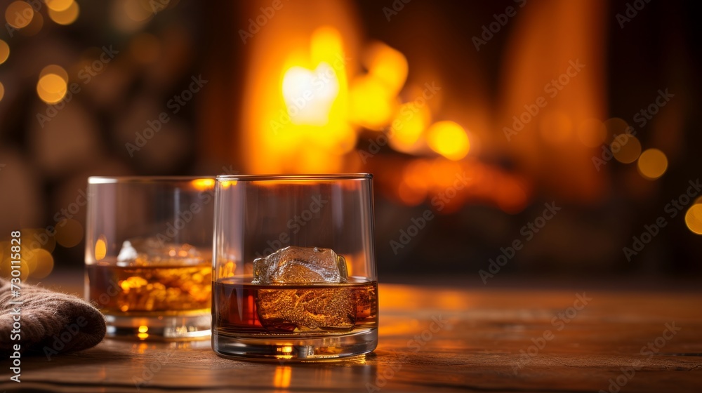 A cozy fireside scene with glasses of aged scotch and a crackling fireplace A cozy fireside scene with glasses of aged scotch and a crackling fireplace