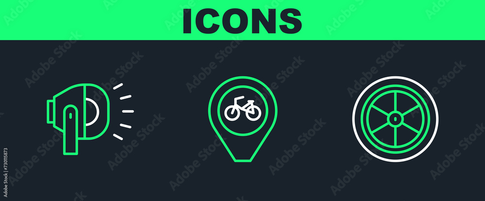 Set line Bicycle wheel, head lamp and Location with bicycle icon. Vector Set line Bicycle wheel, head lamp and Location with bicycle icon. Vector