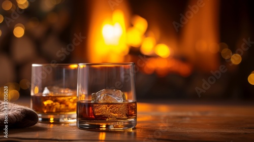 A cozy fireside scene with glasses of aged scotch and a crackling fireplace