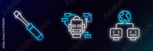 Set line Artificial intelligence, Screwdriver and Robot icon. Glowing neon. Vector