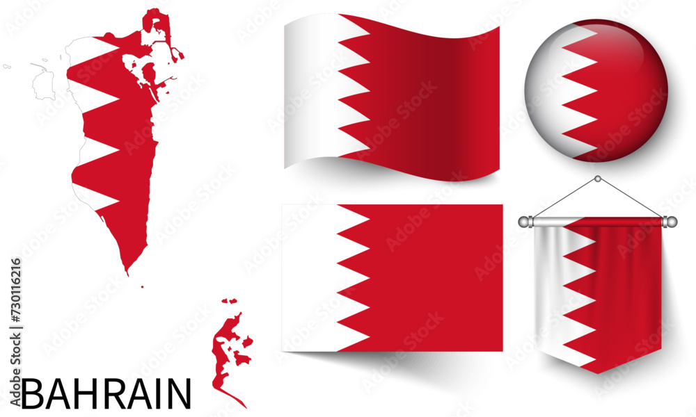 Obraz premium The various patterns of the Bahrain national flags and the map of the Bahrain borders