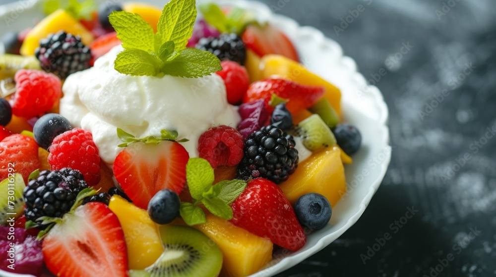 A colorful fruit salad topped with a dollop of creamy custard, a refreshing dessert A colorful fruit salad topped with a dollop of creamy custard, a refreshing dessert