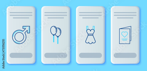 Set line Balloons with ribbon, Woman dress, Male gender symbol and Valentines day party flyer heart icon. Vector