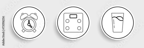 Set line Glass with water, Alarm clock and Bathroom scales icon. Vector