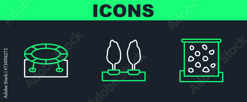 Set line Climbing wall, Jumping trampoline and Forest icon. Vector