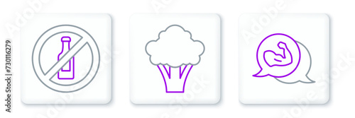 Set line Bodybuilder muscle, No alcohol and Broccoli icon. Vector