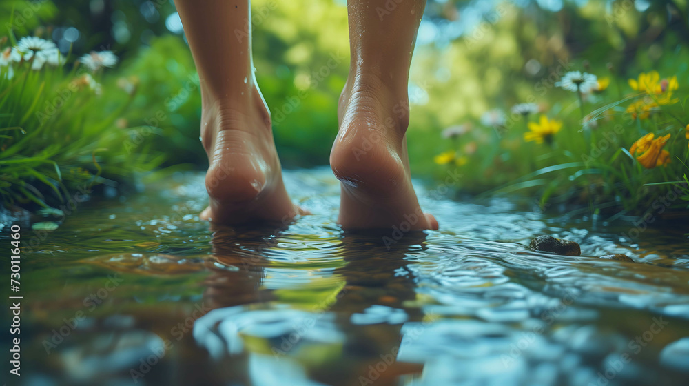 Feet dipping in the stream, relax time, therapy and reduce stress in living and investing and doing business Feet dipping in the stream, relax time, therapy and reduce stress in living and investing and doing business